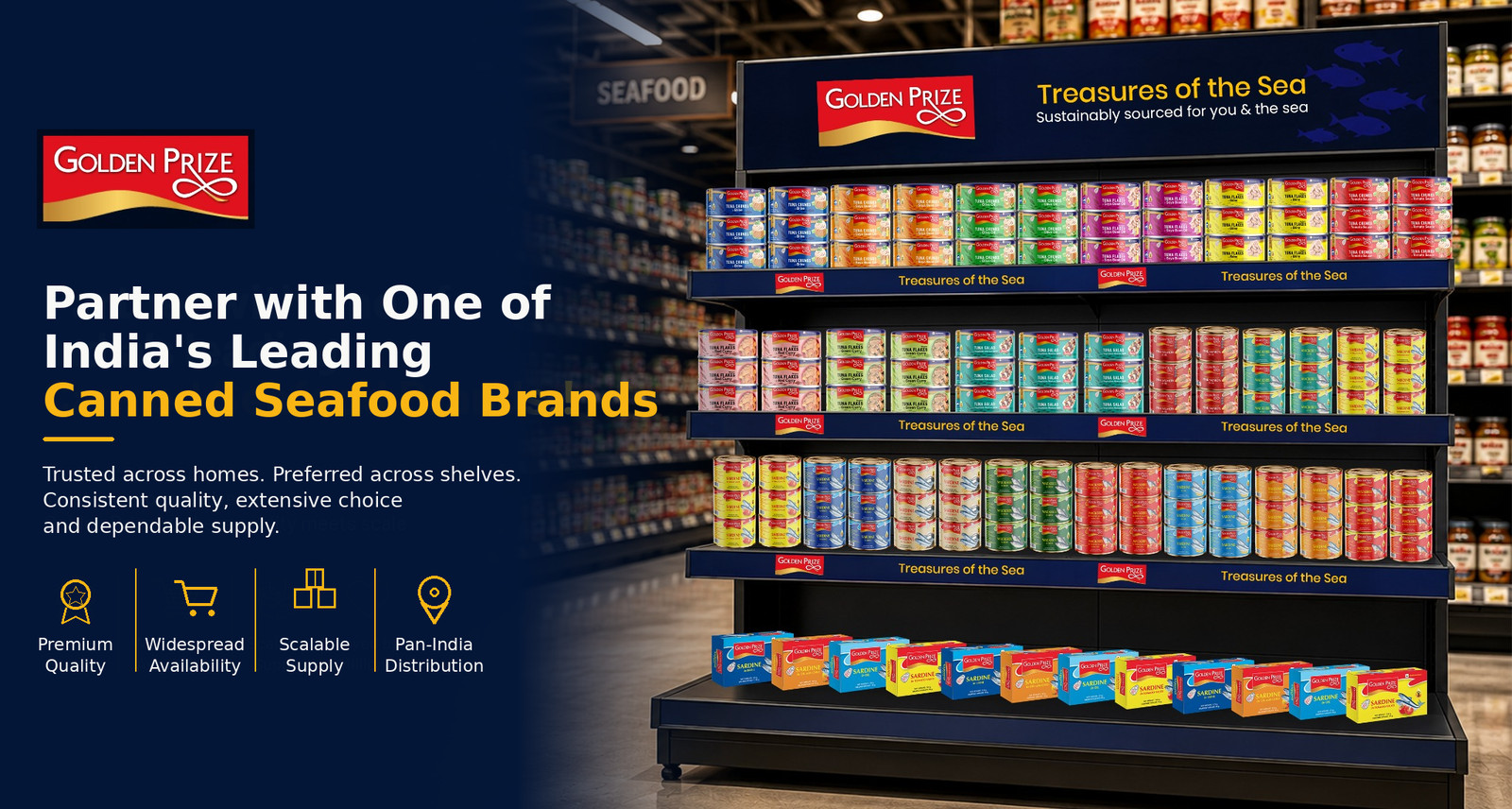 Golden Prize canned seafood range on a branded retail shelf display