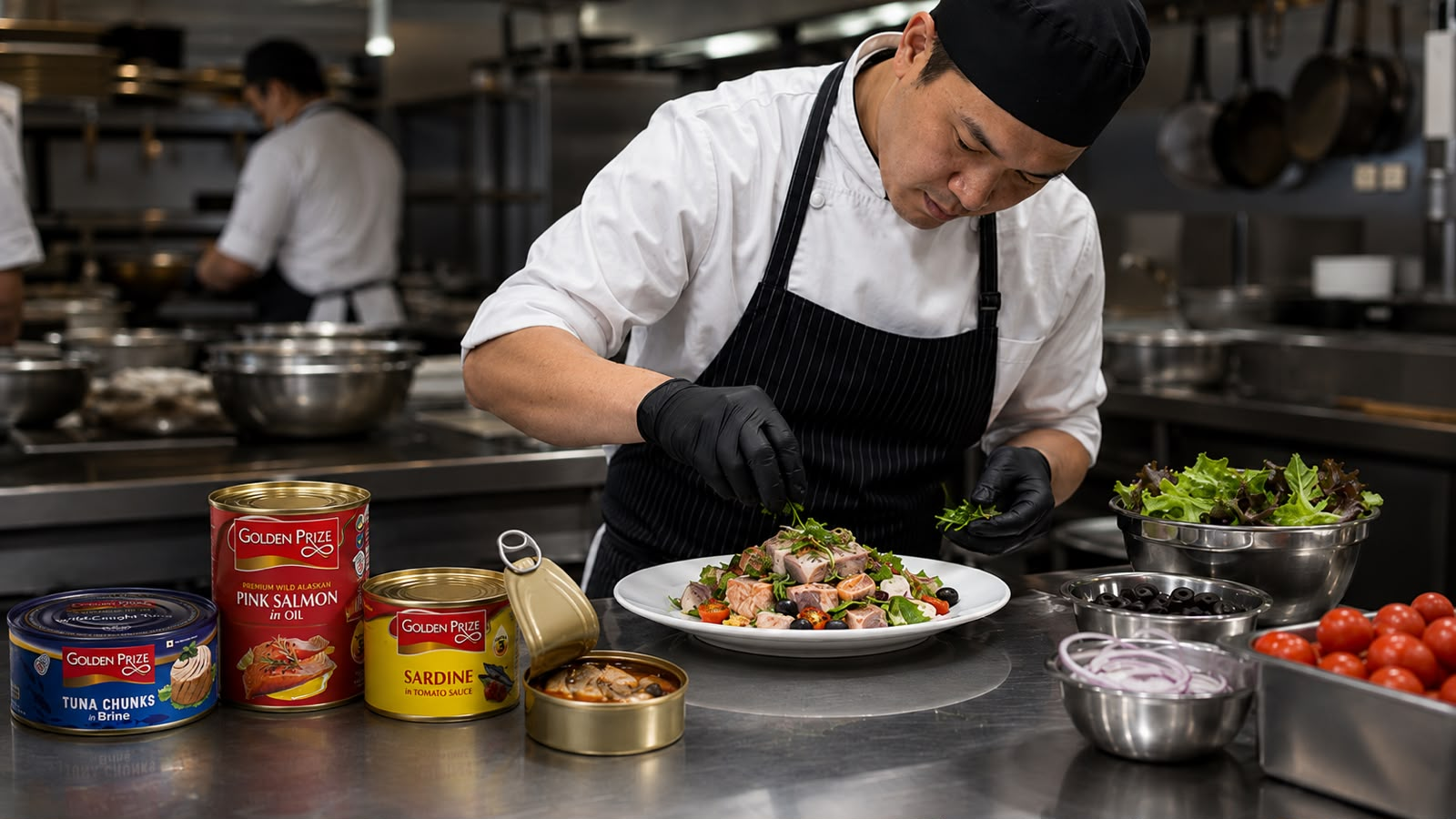 Chef plating a dish with Golden Prize seafood