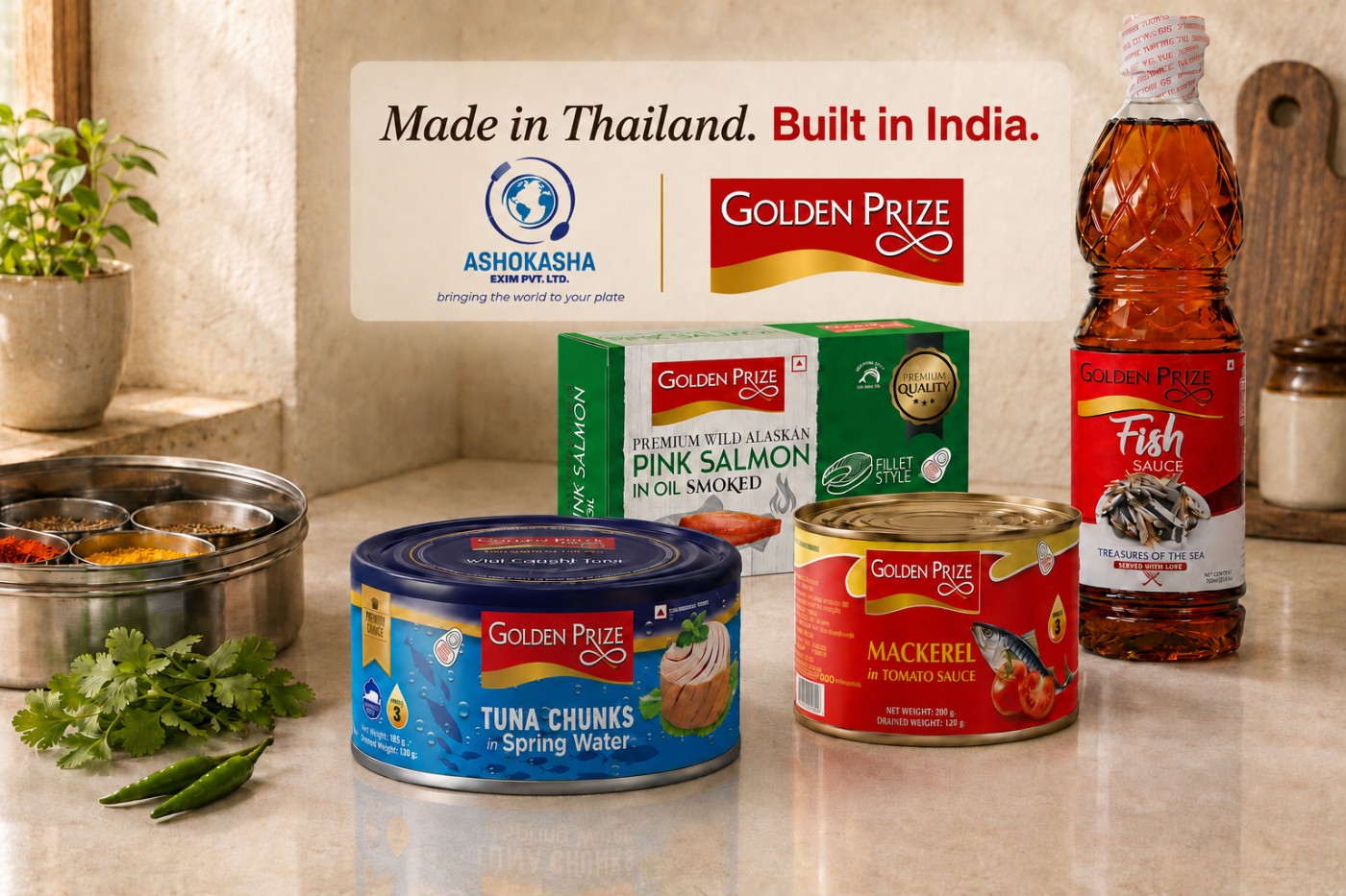 Golden Prize canned seafood on an Indian kitchen counter — made in Thailand, built in India